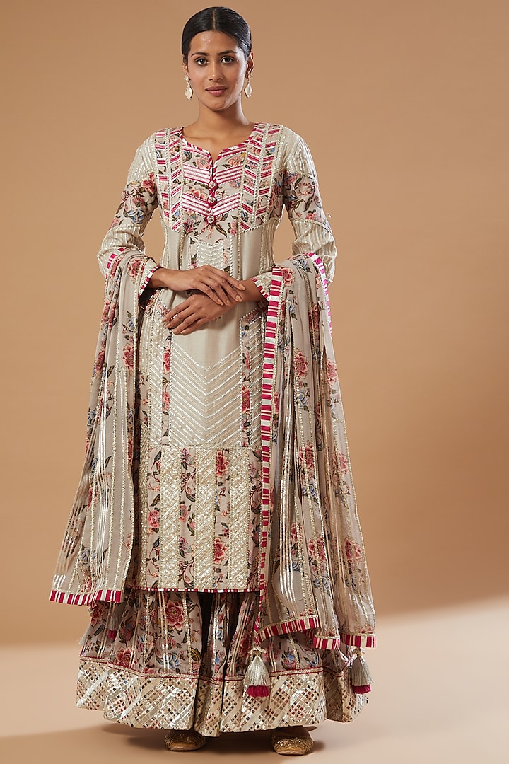 Ivory Embellished & Printed Sharara Set by Simar Dugal at Pernia's Pop Up Shop