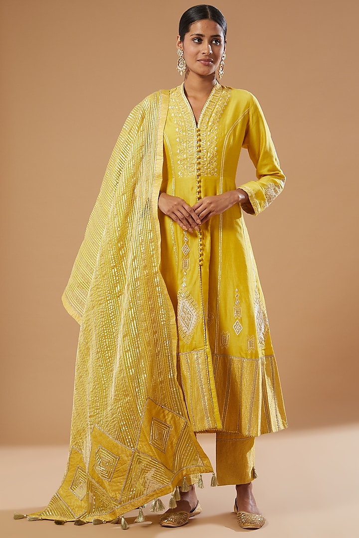 Yellow Embroidered Anarkali Set by Simar Dugal