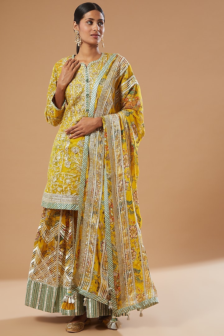 Yellow Modal satin Embroidered Sharara Set by Simar Dugal