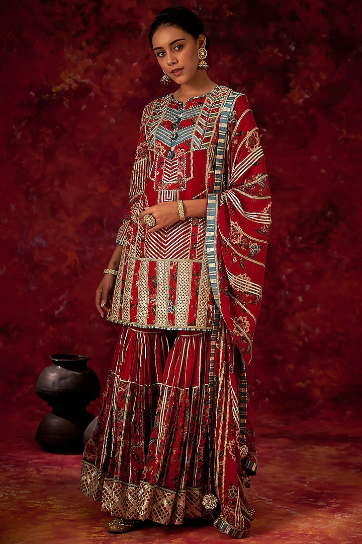 Red Embellished Sharara Set by Simar Dugal