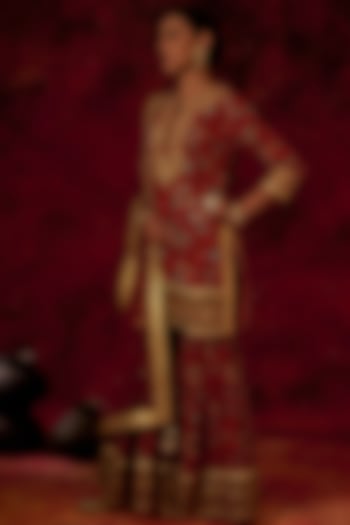 Coral Red Embroidered Sharara Set by Simar Dugal
