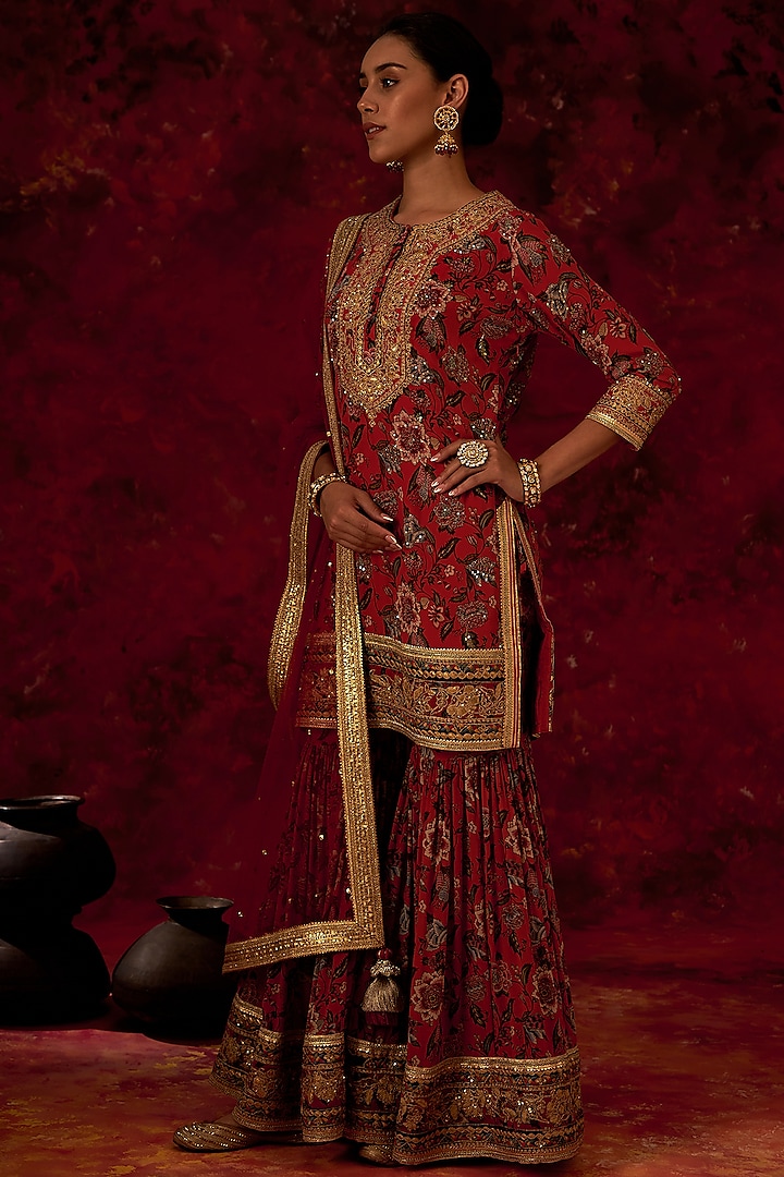 Coral Red Embroidered Sharara Set by Simar Dugal