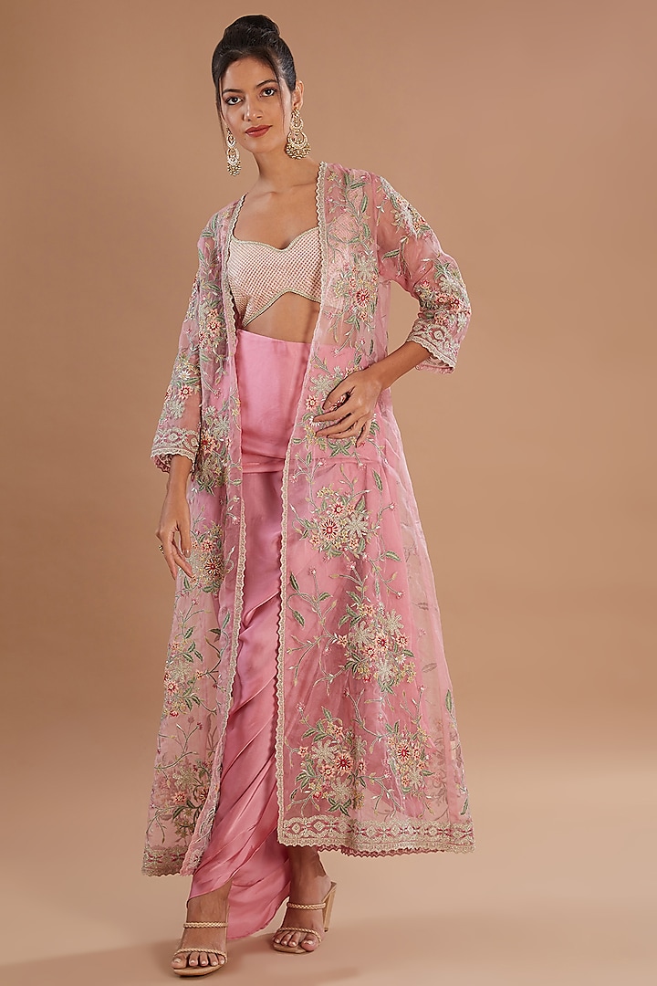 Pink Organza Thread & Zari Embroidered Jacket Set by Simar Dugal at Pernia's Pop Up Shop