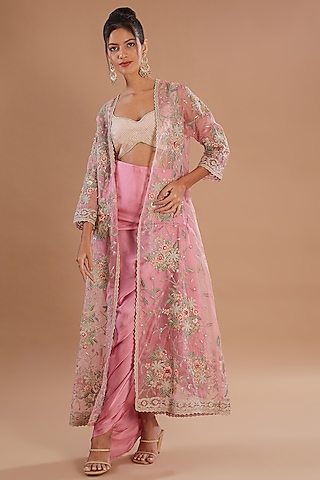 Pink Organza Thread & Zari Embroidered Jacket Set by Simar Dugal