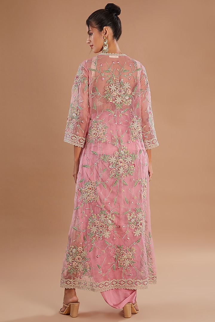 Pink Organza Thread & Zari Embroidered Jacket Set by Simar Dugal at Pernia's Pop Up Shop