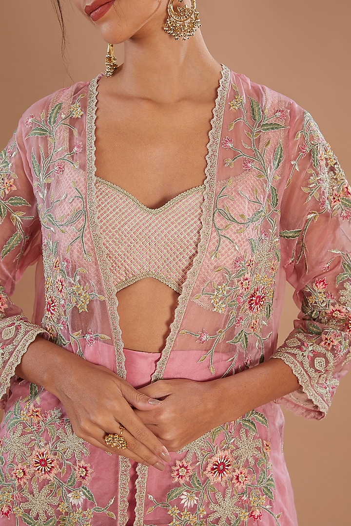Pink Organza Thread & Zari Embroidered Jacket Set by Simar Dugal at Pernia's Pop Up Shop
