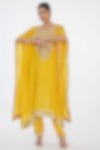 Mustard Habutai Silk Hand Embroidered Kaftan Set by Simar Dugal at Pernia's Pop Up Shop