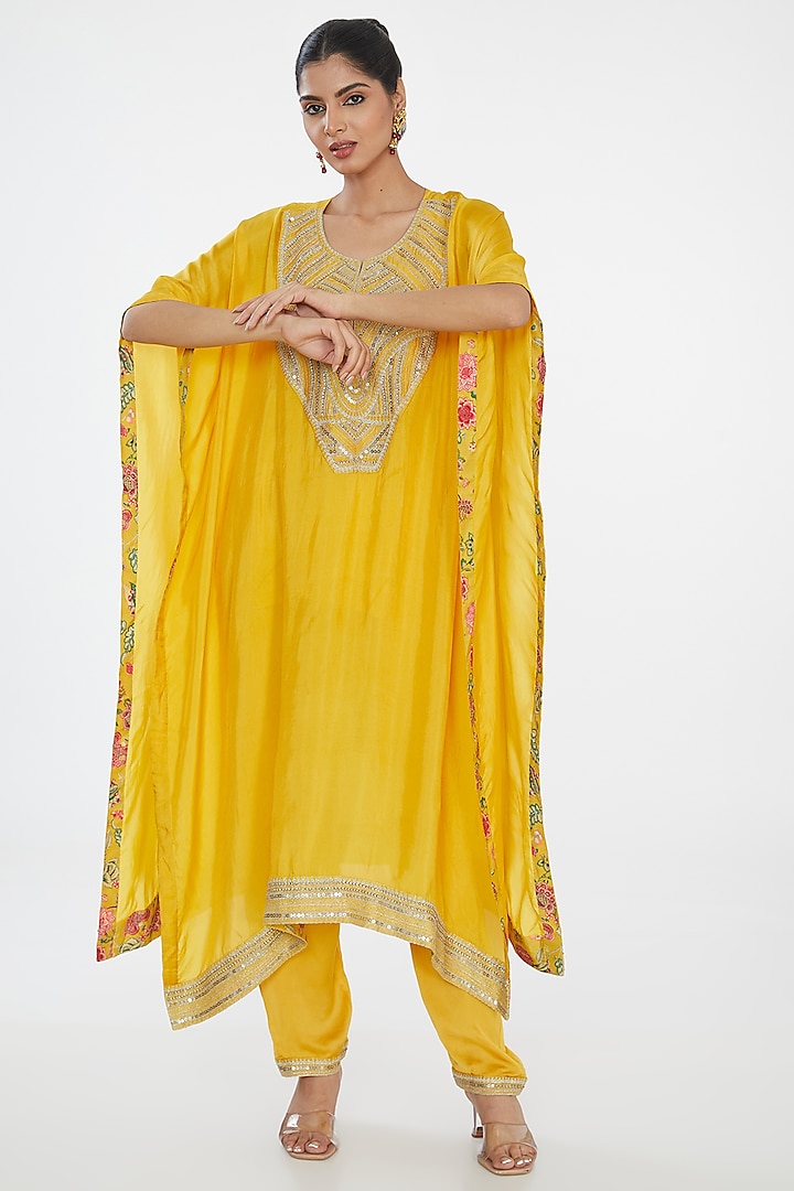 Mustard Habutai Silk Hand Embroidered Kaftan Set by Simar Dugal at Pernia's Pop Up Shop