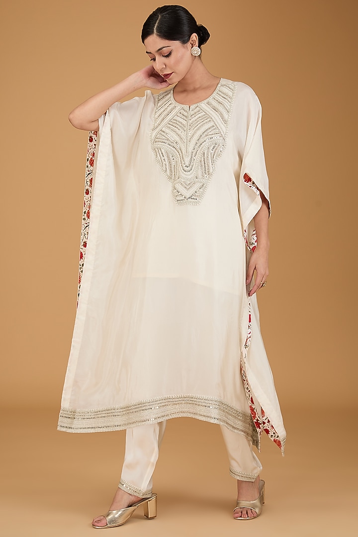 Ivory Habutai Silk Hand Embroidered Kaftan Set by Simar Dugal at Pernia's Pop Up Shop