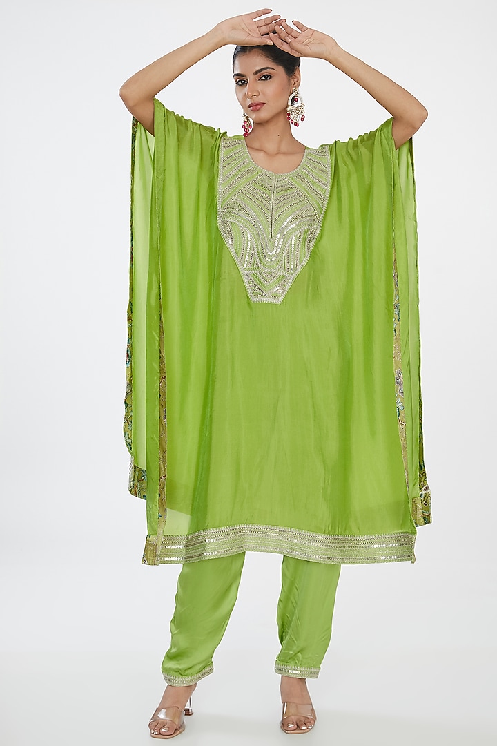 Green Habutai Silk Hand Embroidered Kaftan Set by Simar Dugal at Pernia's Pop Up Shop