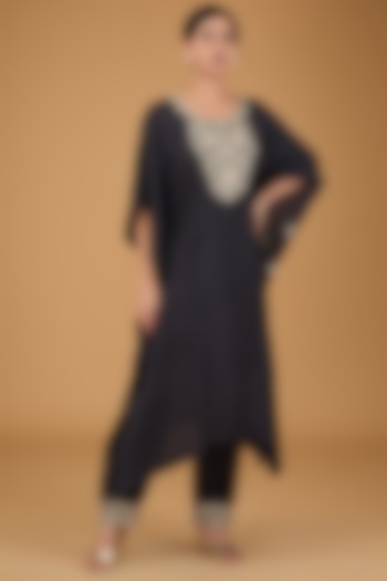 Black Habutai Silk Hand Embroidered Kaftan Set by Simar Dugal at Pernia's Pop Up Shop