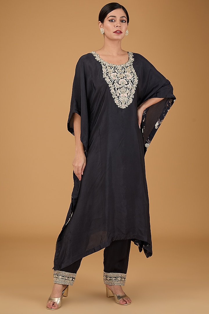Black Habutai Silk Hand Embroidered Kaftan Set by Simar Dugal at Pernia's Pop Up Shop