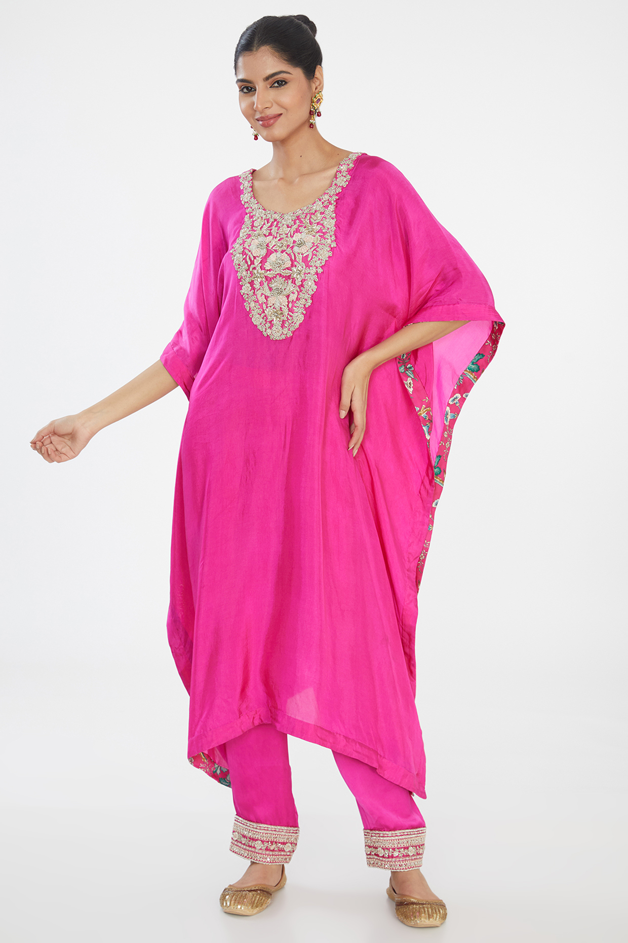 Fuchsia Pink Habutai Silk Hand Embroidered Kaftan Set by Simar Dugal at Pernia's Pop Up Shop