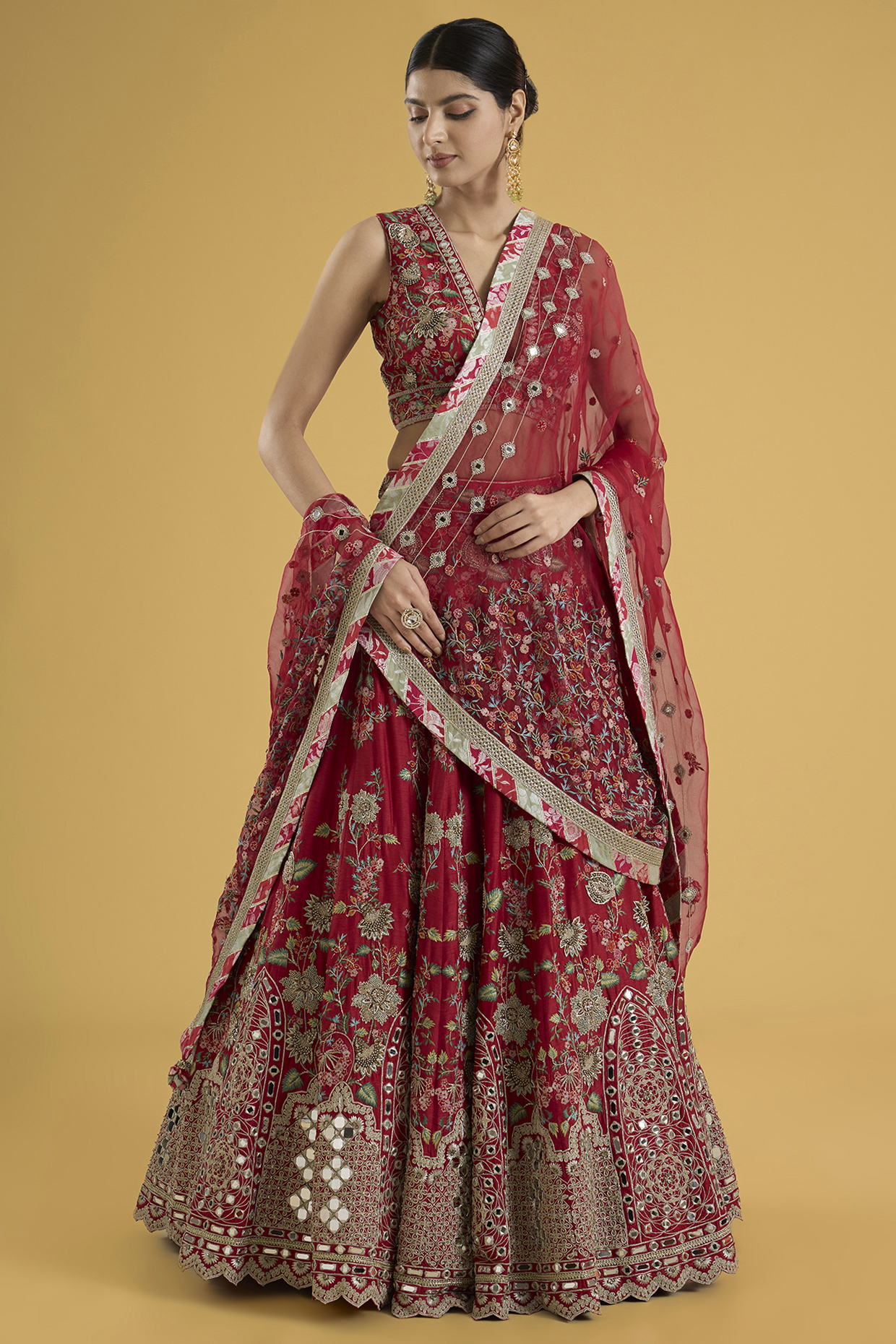 Red Dupion Silk Thread & Mirror Hand Embroidered Bridal Lehenga Set by Simar Dugal at Pernia's Pop Up Shop