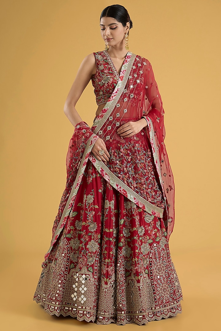Red Dupion Silk Thread & Mirror Hand Embroidered Bridal Lehenga Set by Simar Dugal at Pernia's Pop Up Shop