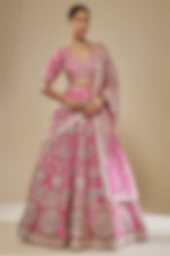 Pink Dupion Silk Floral & Dabka Hand Embroidered Bridal Lehenga Set by Simar Dugal at Pernia's Pop Up Shop