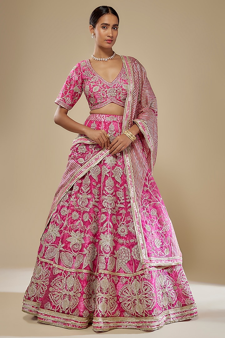 Pink Dupion Silk Floral & Dabka Hand Embroidered Bridal Lehenga Set by Simar Dugal at Pernia's Pop Up Shop