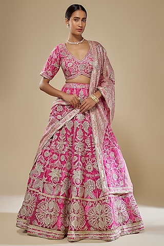 Pink Dupion Silk Floral & Dabka Hand Embroidered Lehenga Set by Simar Dugal