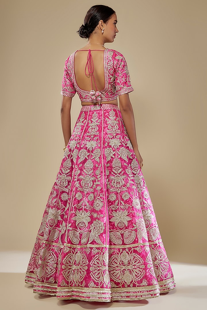 Pink Dupion Silk Floral & Dabka Hand Embroidered Bridal Lehenga Set by Simar Dugal at Pernia's Pop Up Shop