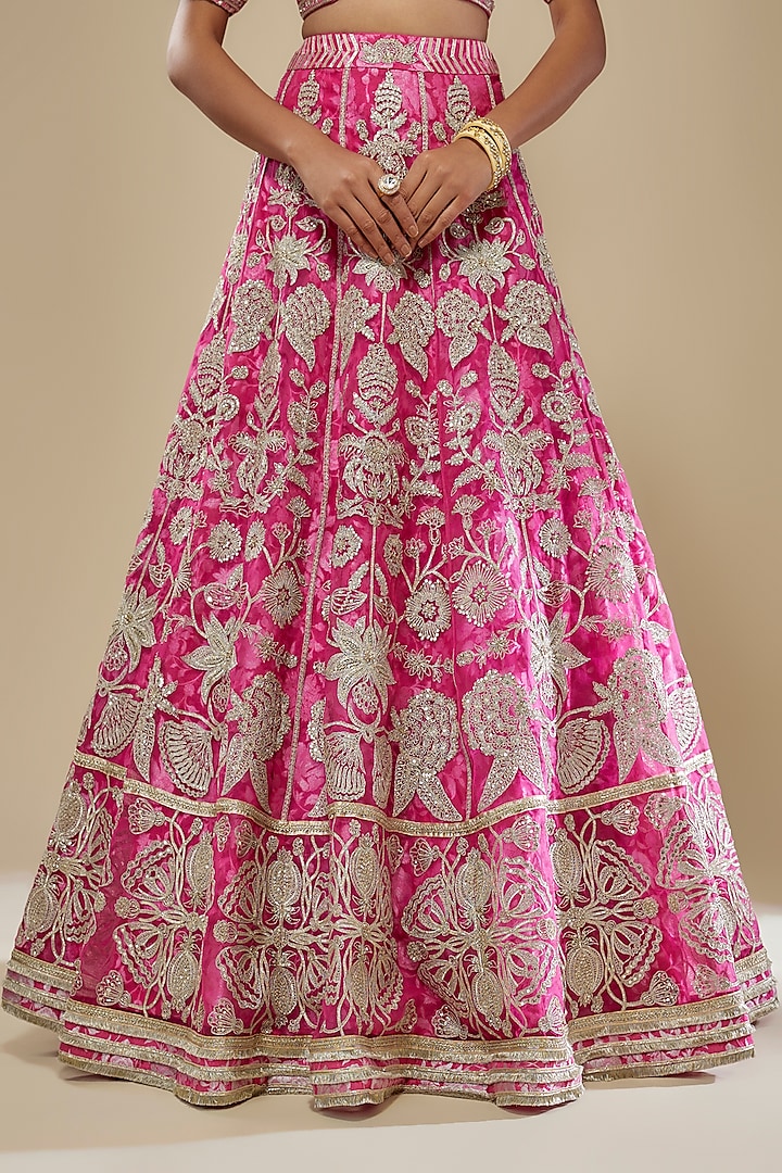 Pink Dupion Silk Floral & Dabka Hand Embroidered Bridal Lehenga Set by Simar Dugal at Pernia's Pop Up Shop