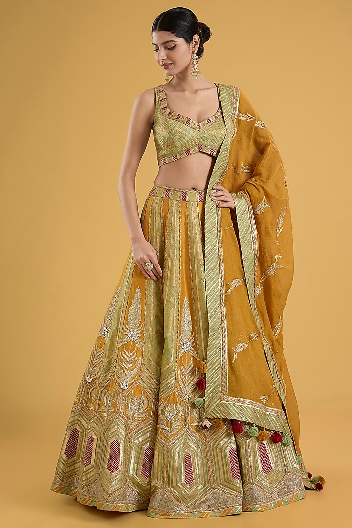 Yellow Banarasi Chanderi Gota Embroidered Bridal Lehenga Set by Simar Dugal at Pernia's Pop Up Shop