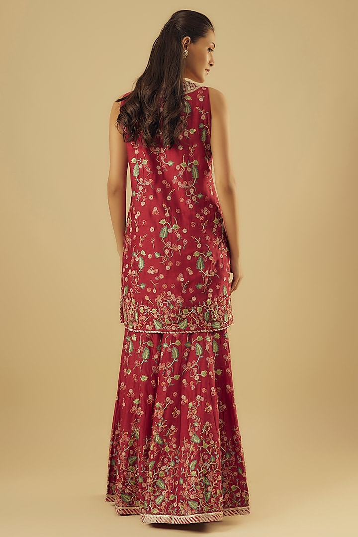 Red Dupion Silk Hand Embroidered Bridal Sharara Set by Simar Dugal at Pernia's Pop Up Shop