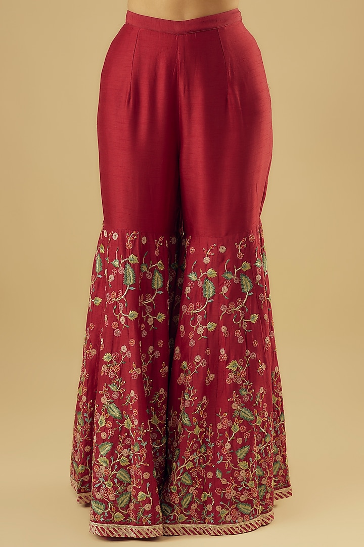 Red Dupion Silk Hand Embroidered Bridal Sharara Set by Simar Dugal at Pernia's Pop Up Shop
