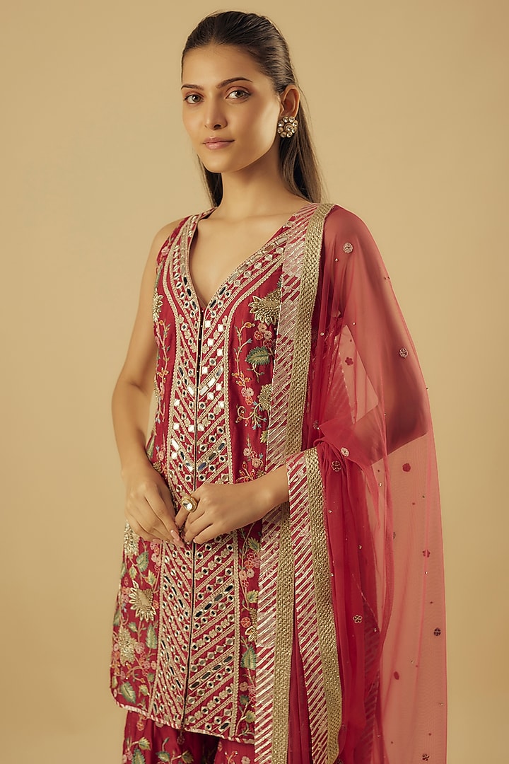 Red Dupion Silk Hand Embroidered Bridal Sharara Set by Simar Dugal at Pernia's Pop Up Shop