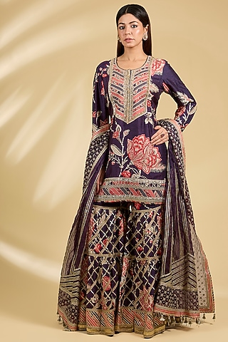 Purple Dupion Silk Embroidered Sharara Set by Simar Dugal