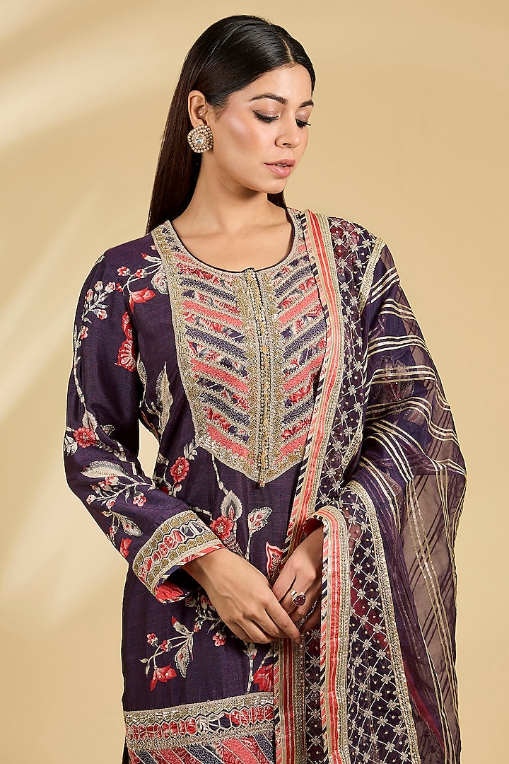 Purple Dupion Silk Embroidered Bridal Sharara Set by Simar Dugal at Pernia's Pop Up Shop