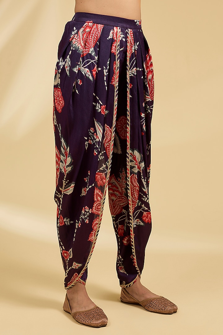 Purple Modal Satin Floral Printed Dhoti Set by Simar Dugal at Pernia's Pop Up Shop