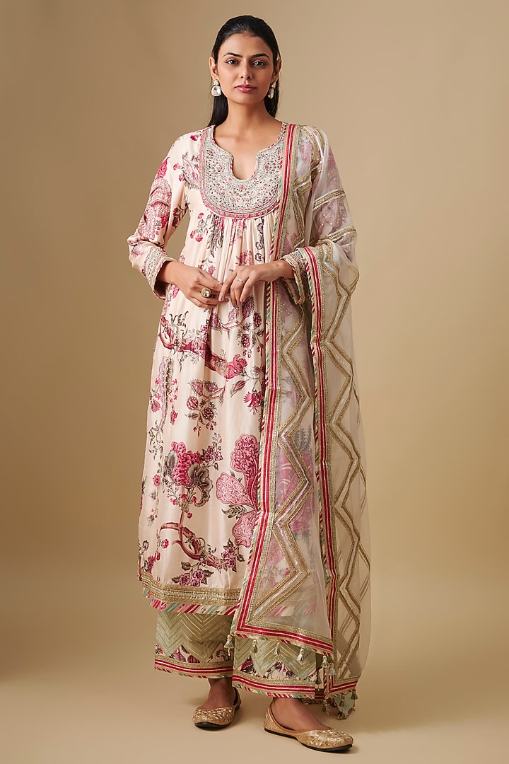 Ivory Dupion Printed & Hand Embroidered Kurta Set by Simar Dugal at Pernia's Pop Up Shop