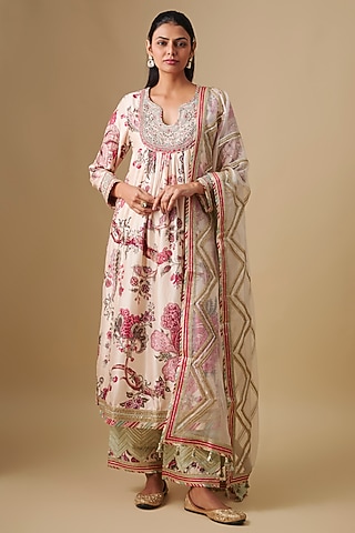 Ivory Dupion Printed & Hand Embroidered Kurta Set by Simar Dugal