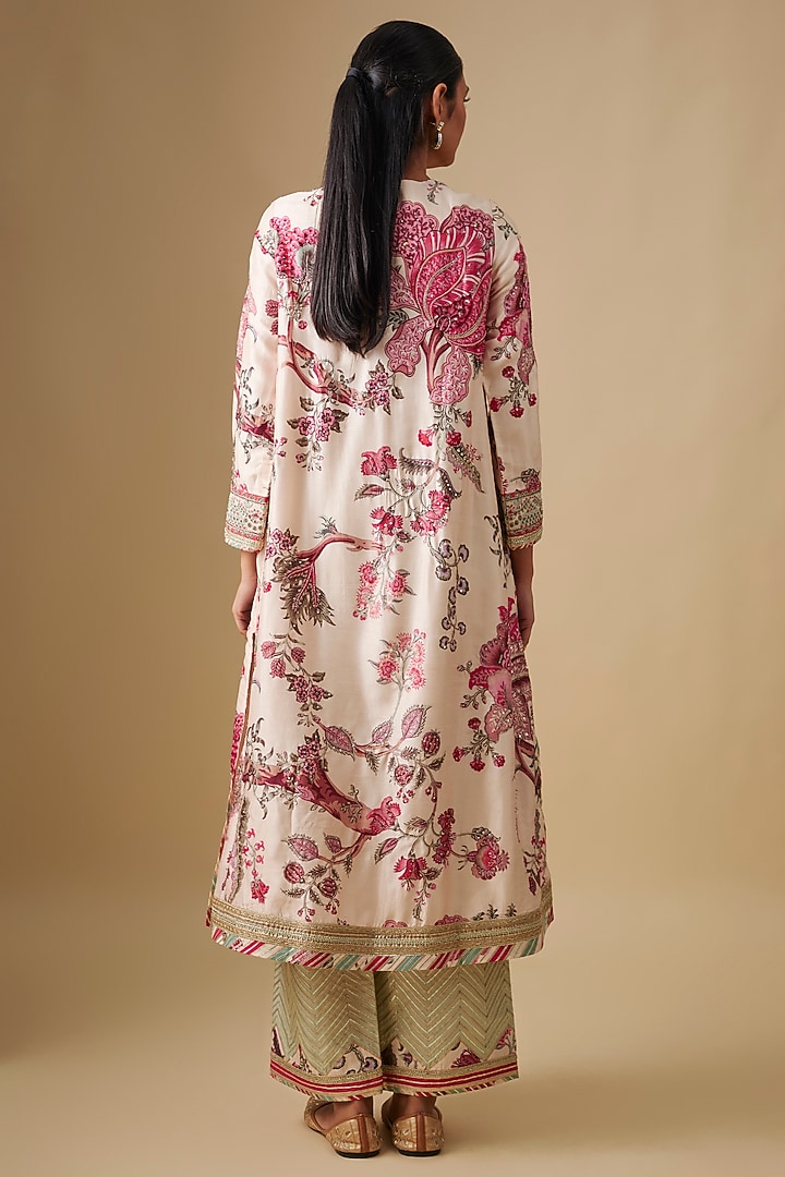 Ivory Dupion Printed & Hand Embroidered Kurta Set by Simar Dugal at Pernia's Pop Up Shop
