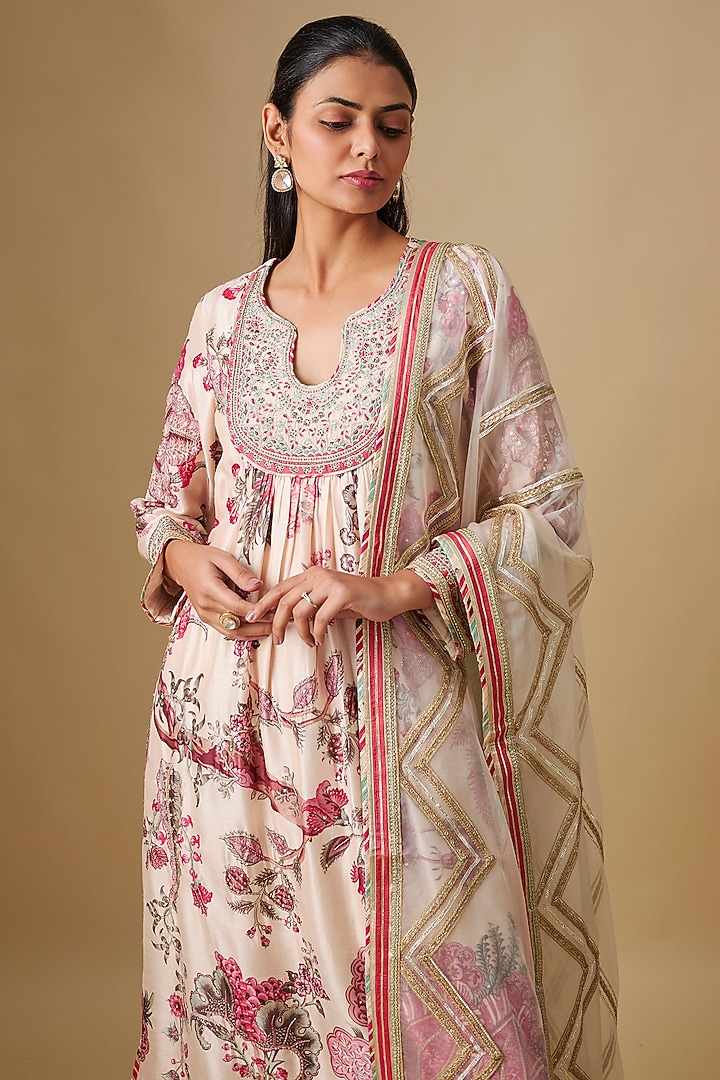 Ivory Dupion Printed & Hand Embroidered Kurta Set by Simar Dugal at Pernia's Pop Up Shop