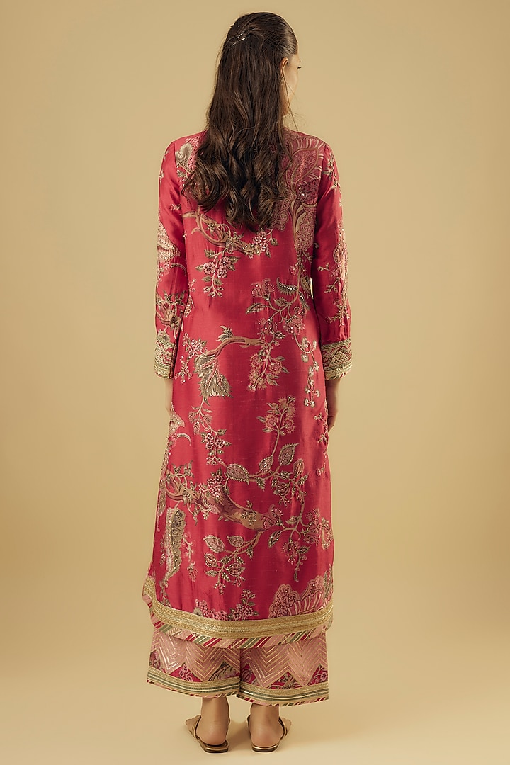Red Dupion Silk Dori Hand Embroidered & Printed Kurta Set by Simar Dugal at Pernia's Pop Up Shop