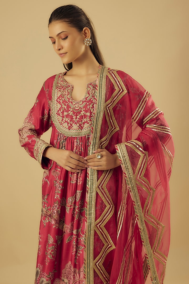 Red Dupion Silk Dori Hand Embroidered & Printed Kurta Set by Simar Dugal at Pernia's Pop Up Shop