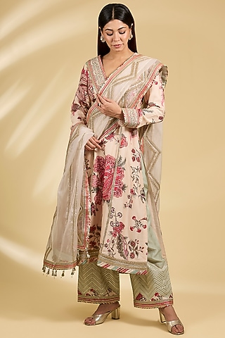 Beige Dupion Floral Printed & Embroidered Kurta Set by Simar Dugal