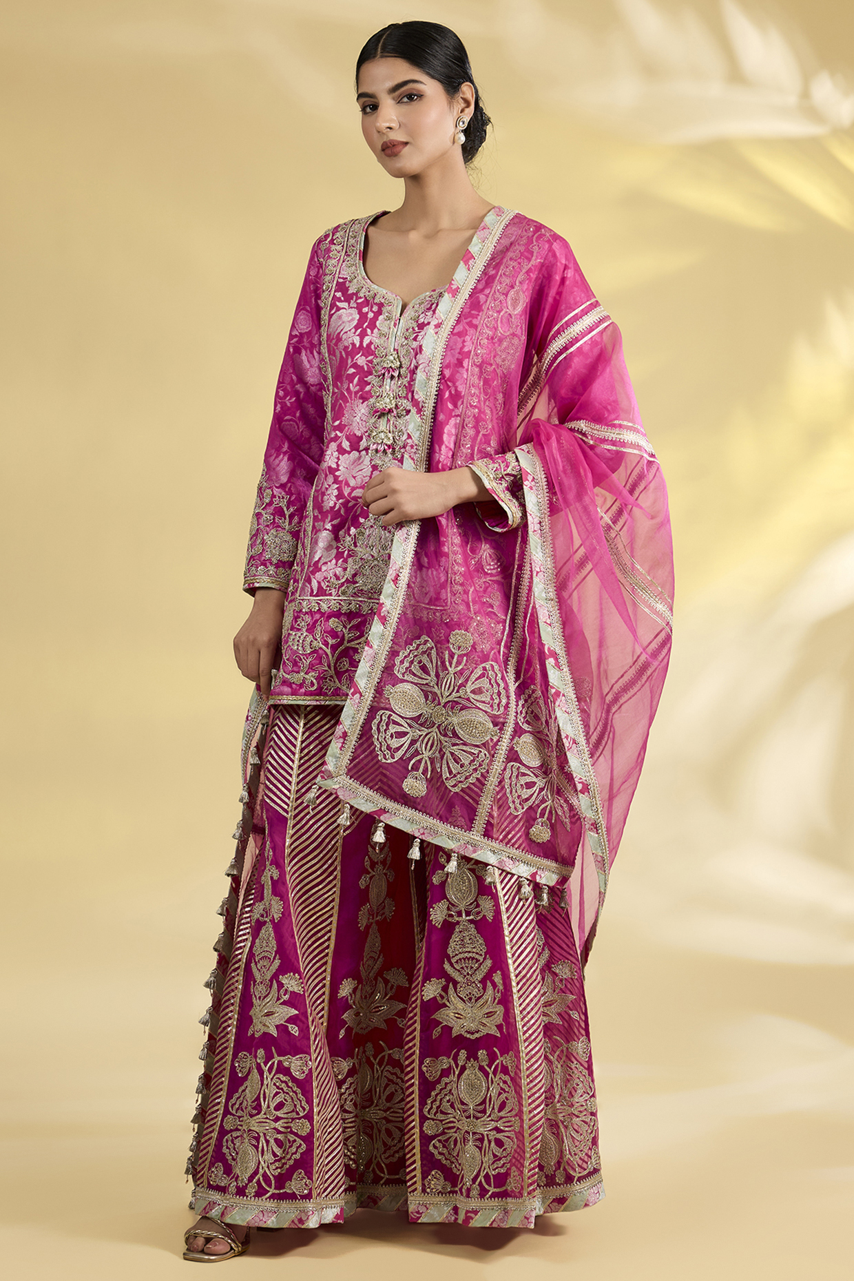 Pink Banarasi Dori & Gota Embroidered Sharara Set by Simar Dugal at Pernia's Pop Up Shop