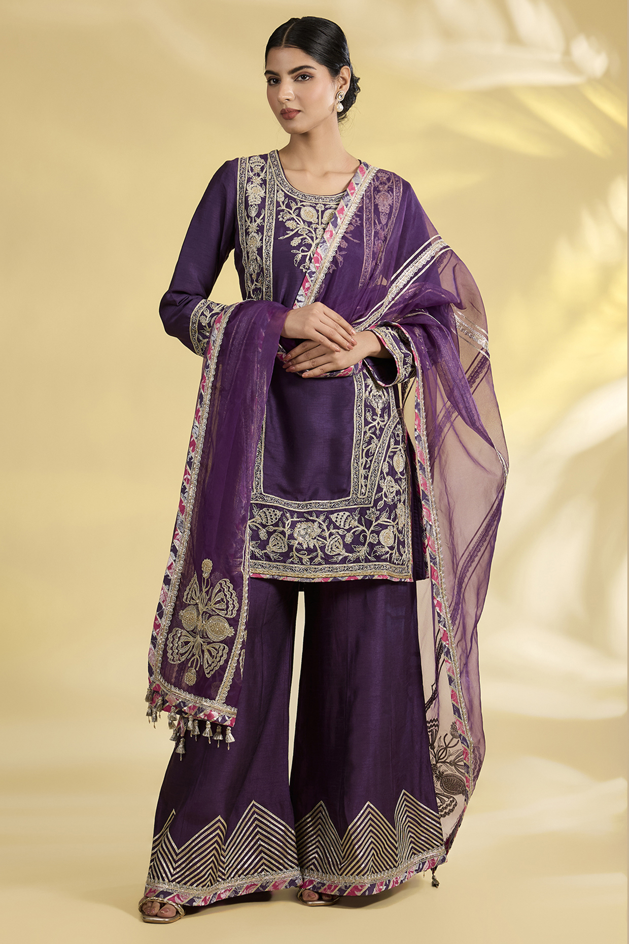 Purple Tussar Silk Gota Embroidered Kurta Set by Simar Dugal at Pernia's Pop Up Shop