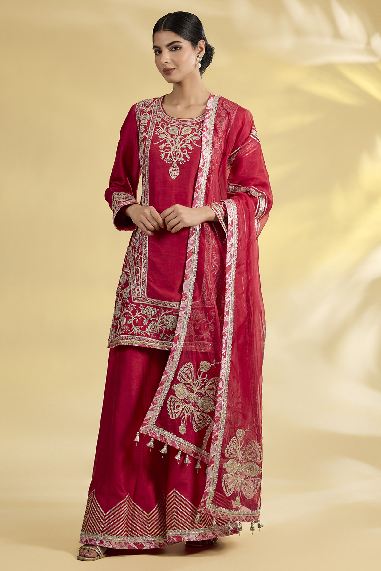 Red Tussar Silk Gota Embroidered Kurta Set by Simar Dugal at Pernia's Pop Up Shop