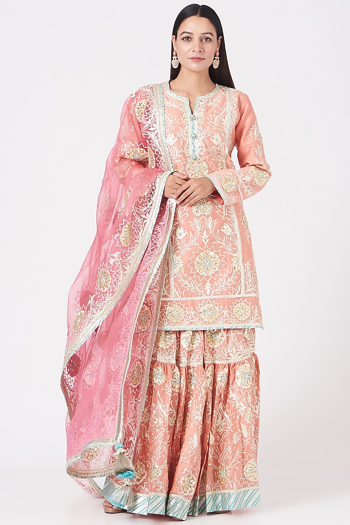 Peach Embroidered Sharara Set by Simar Dugal