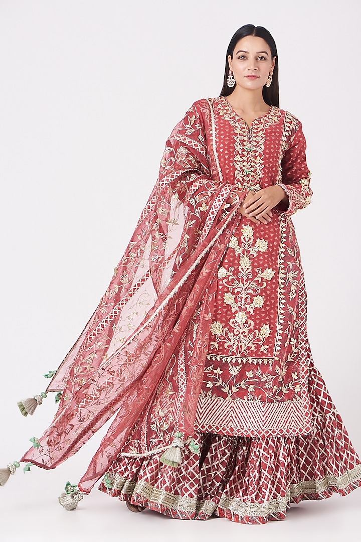 Red Embroidered Sharara Set by Simar Dugal
