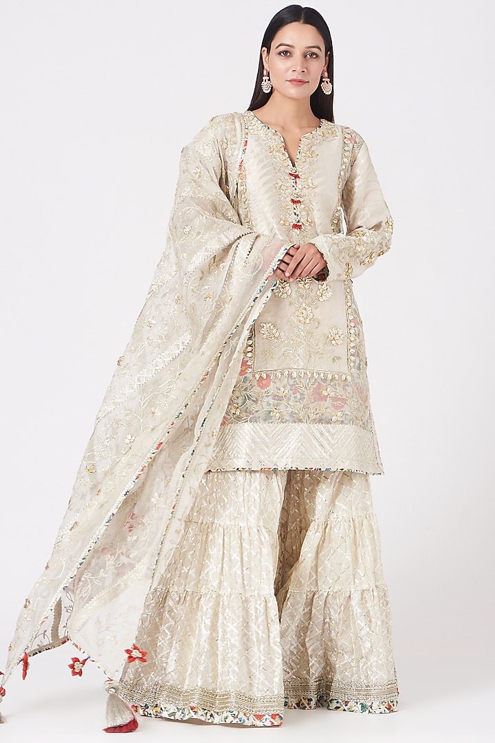 Cream Embroidered Sharara Set by Simar Dugal