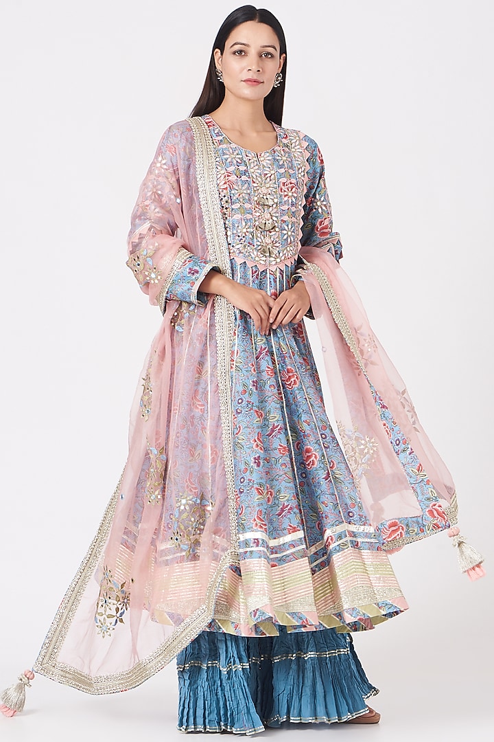 Blue Digital Printed Anarkali Set by Simar Dugal