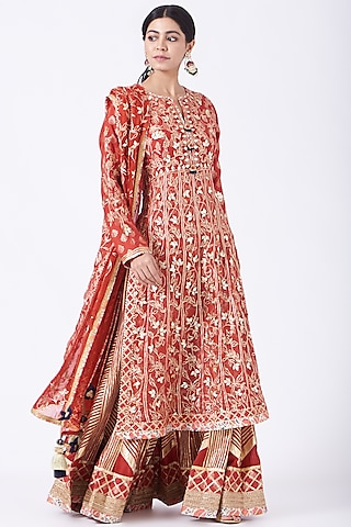 Red Chanderi Embroidered Sharara Set by Simar Dugal