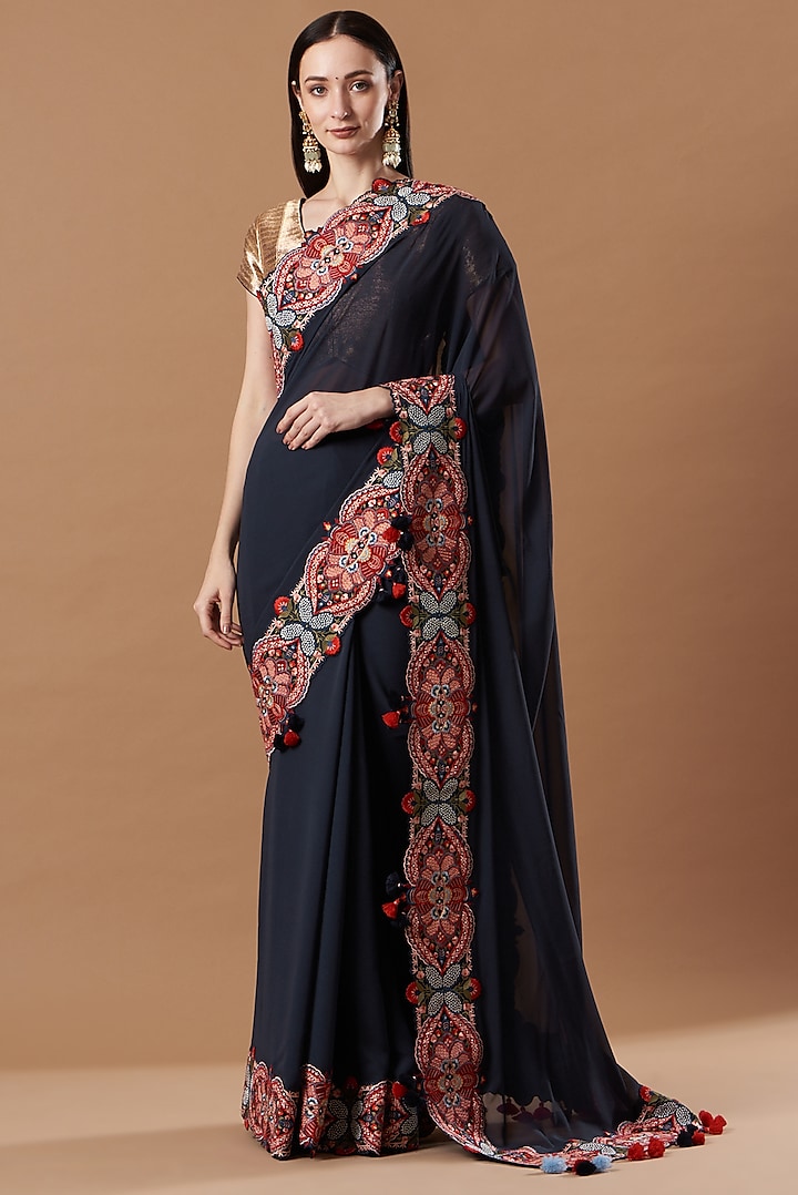 Navy Pure Georgette Embroidered Saree by Simar Dugal