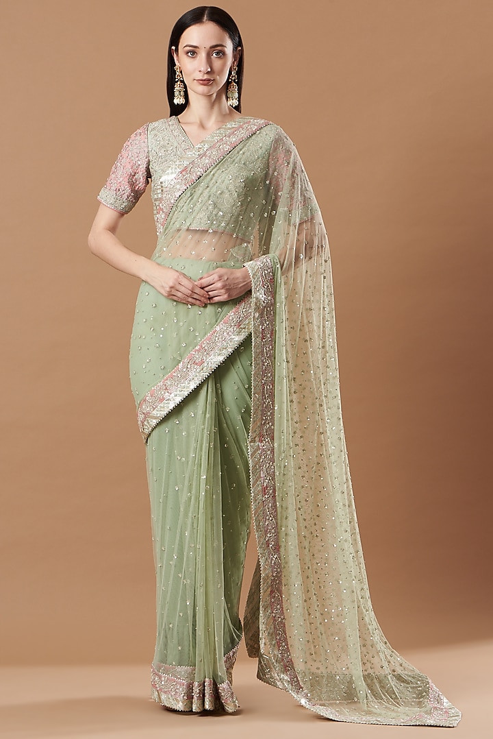 Pista Green Hand Embroidered Saree Set by Simar Dugal