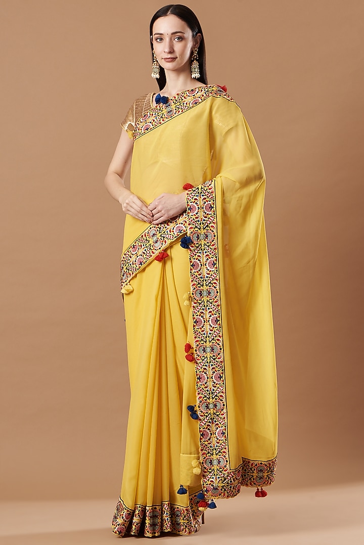 Mango Yellow Embroidered Saree Set by Simar Dugal