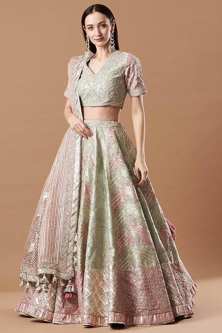 Pista Green Hand Embroidered Lehenga Set by Simar Dugal